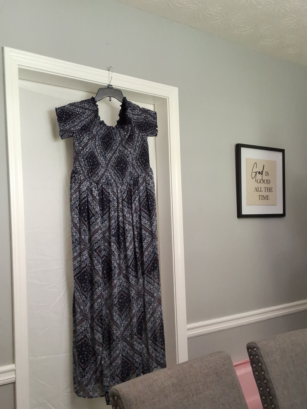 Xhilaration Navy and White Geometric Off-Shoulder Maxi Dress